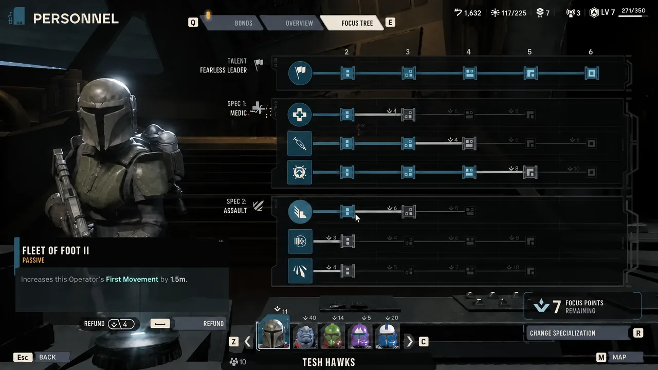Fleet of Foot II node selected in the Focus Tree, showing its passive movement effect and a refund option