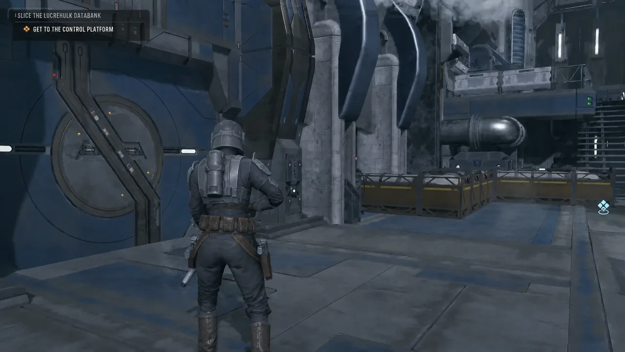 Third-person view of the squad moving along an exterior walkway with the Get to the Control Platform objective on screen