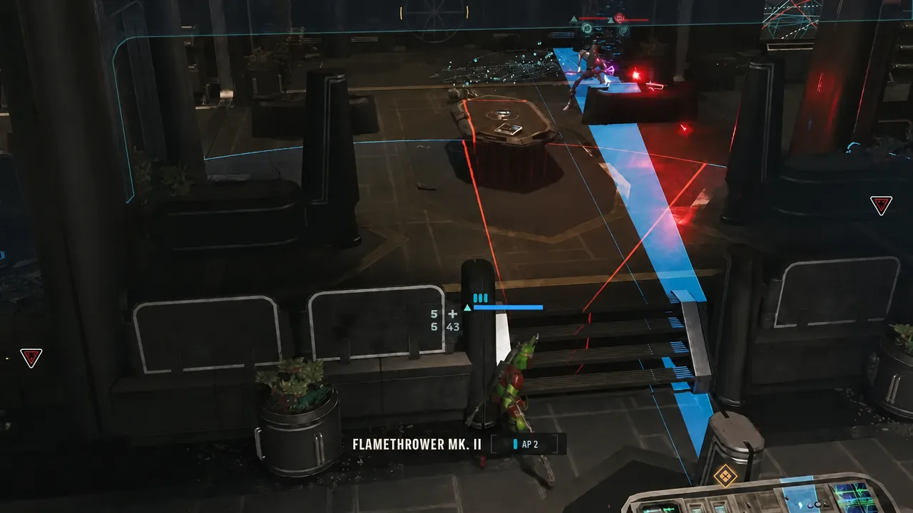 Flamethrower attack sweeping across a tightly grouped cluster of enemies in the objective room