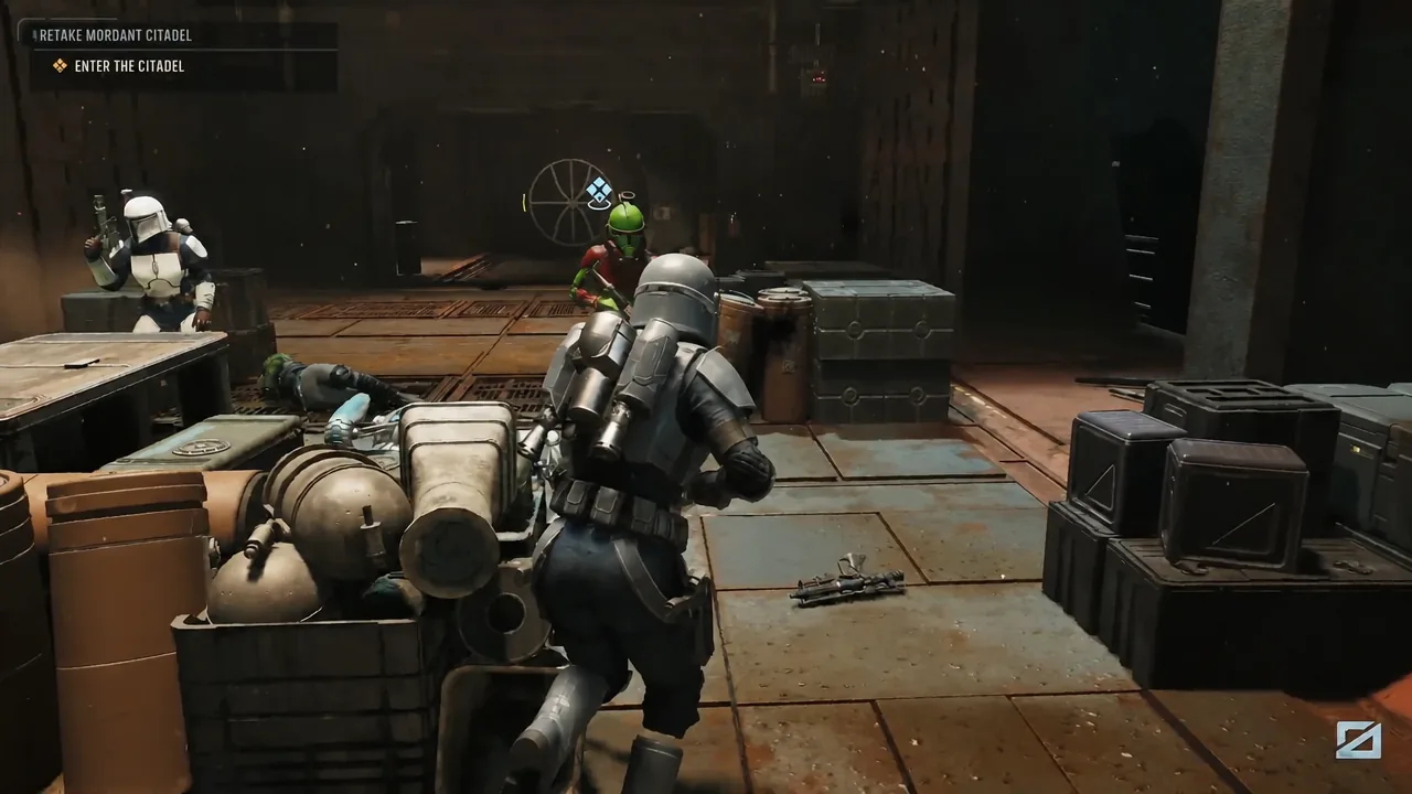 Objective panel showing Enter the Citadel as the squad moves through a cluttered industrial room