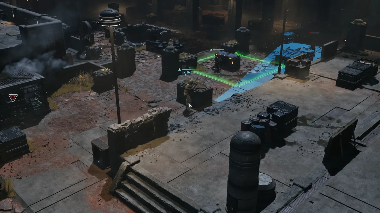 Operator in cover aiming at an enemy inside a highlighted green movement area