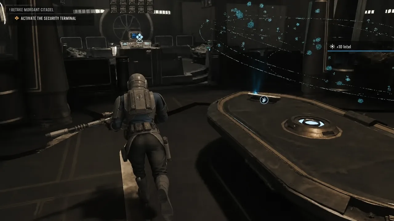 Hawks stands in front of the highlighted security terminal in Mordant Citadel ready to interact