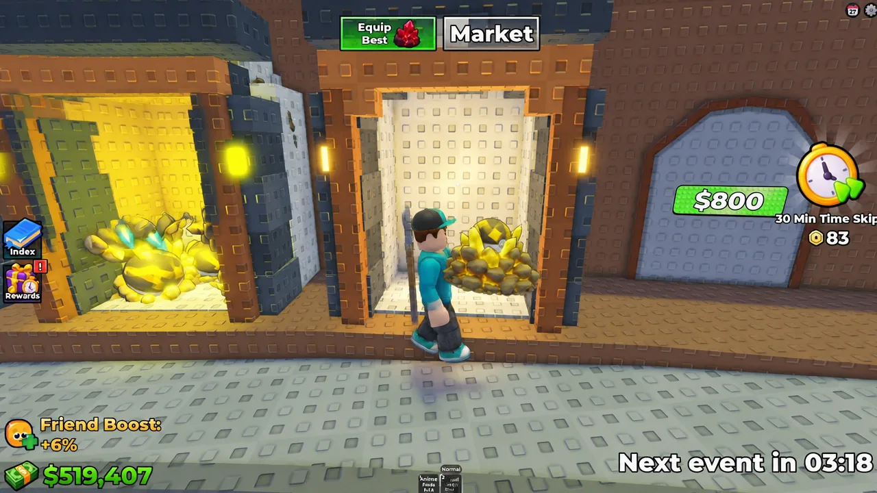 Sell Ores base view with stacked ore piles and the Equip Best and Market buttons on screen