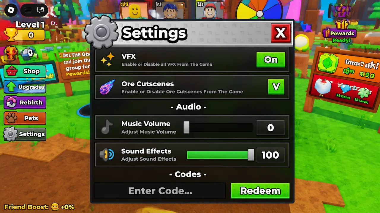 Sell Ores Settings menu showing the Enter Code text field and the Redeem button