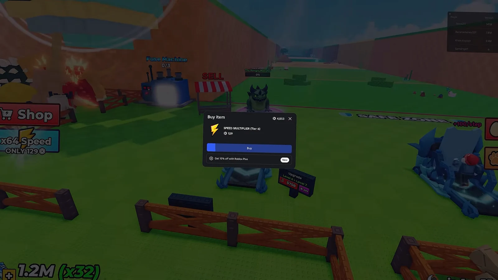 Buy item dialog for Speed Multiplier Tier 6 priced at 129