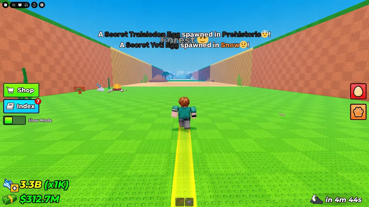 Running through the Prehistoric biome toward the nest with the Shop and Index buttons on screen