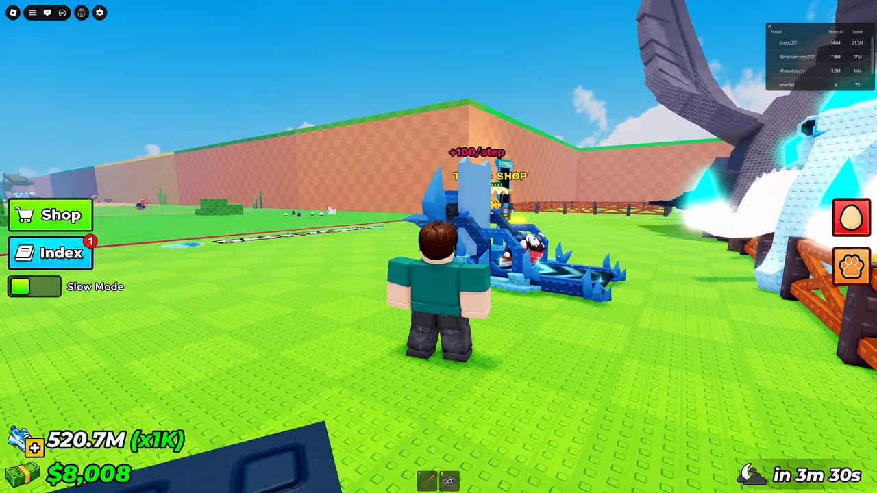 Player walking toward the blue training machine showing plus 100 speed per step