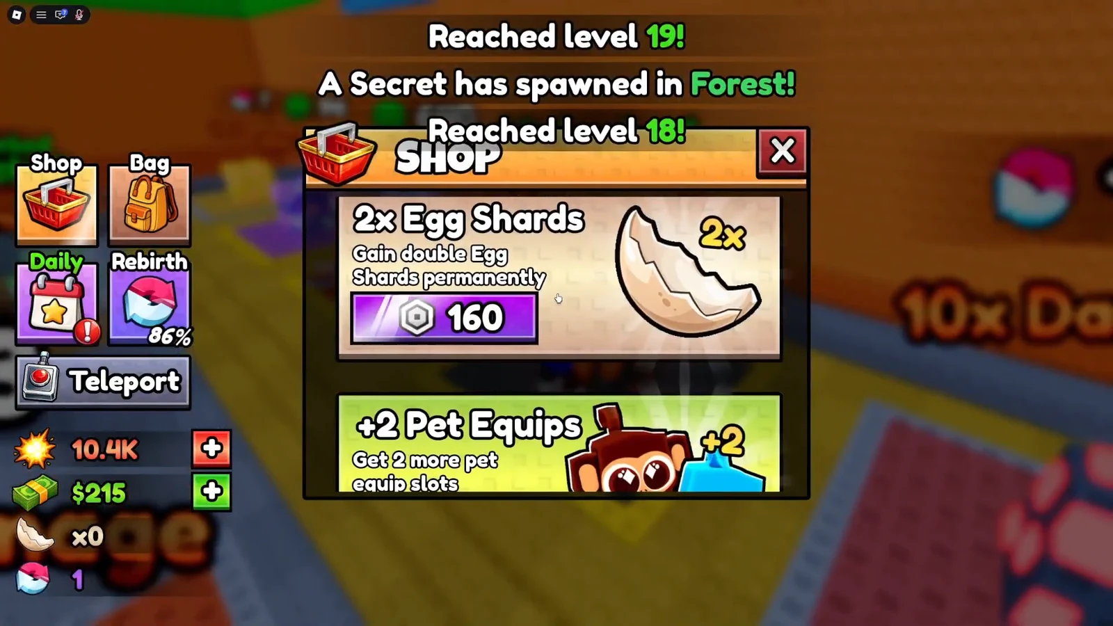 The Shop menu, where the Secret Tracker sits alongside 2x Egg Shards, +2 Pet Equips, and potion bundles.