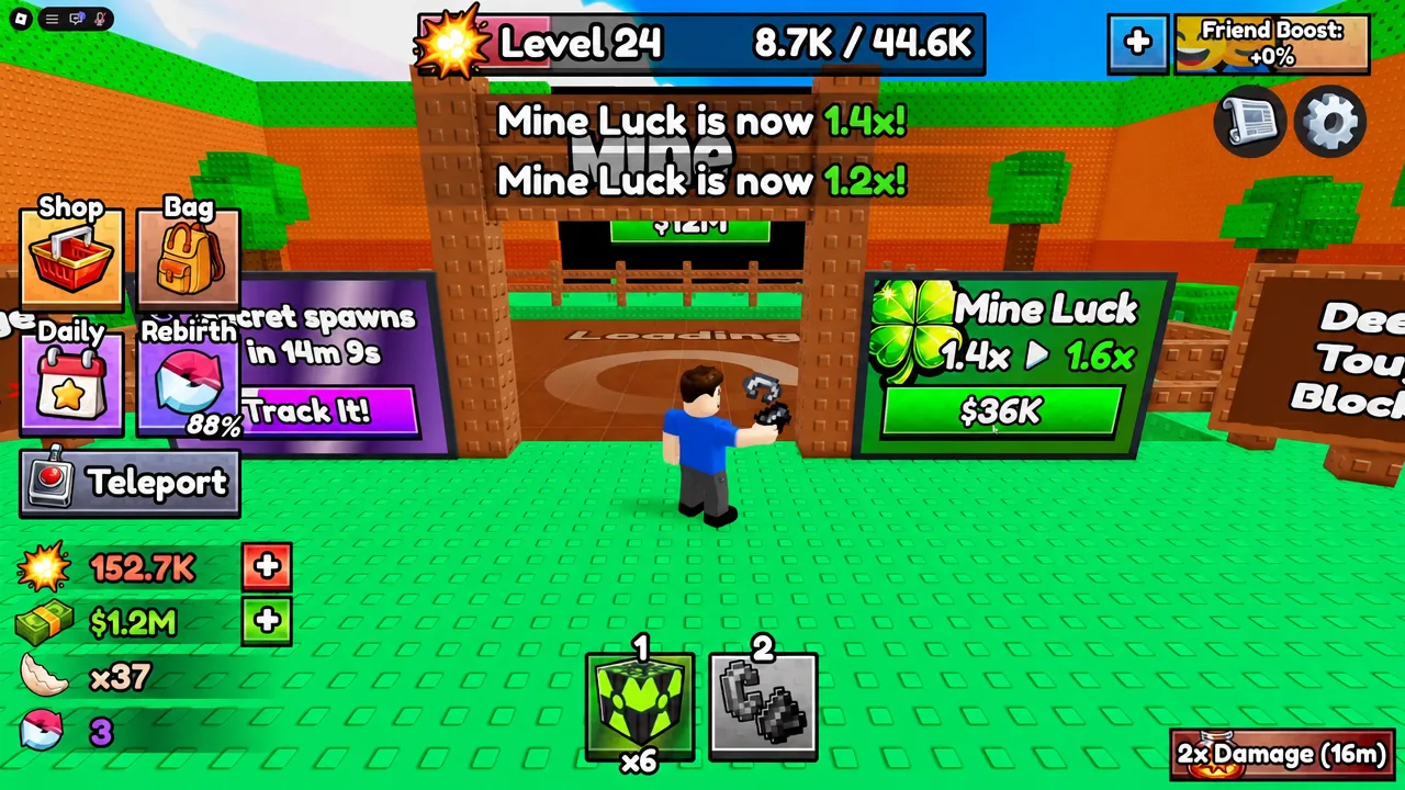 Mine Luck upgrades in steps up to a 2x cap, and each area has its own track.