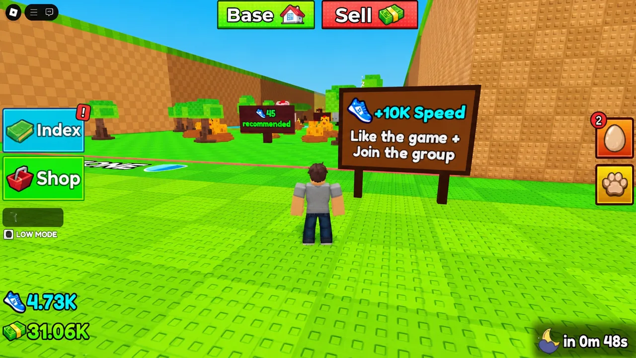 In-game sign offering +10K Speed for liking Steal a Chicken and joining the group