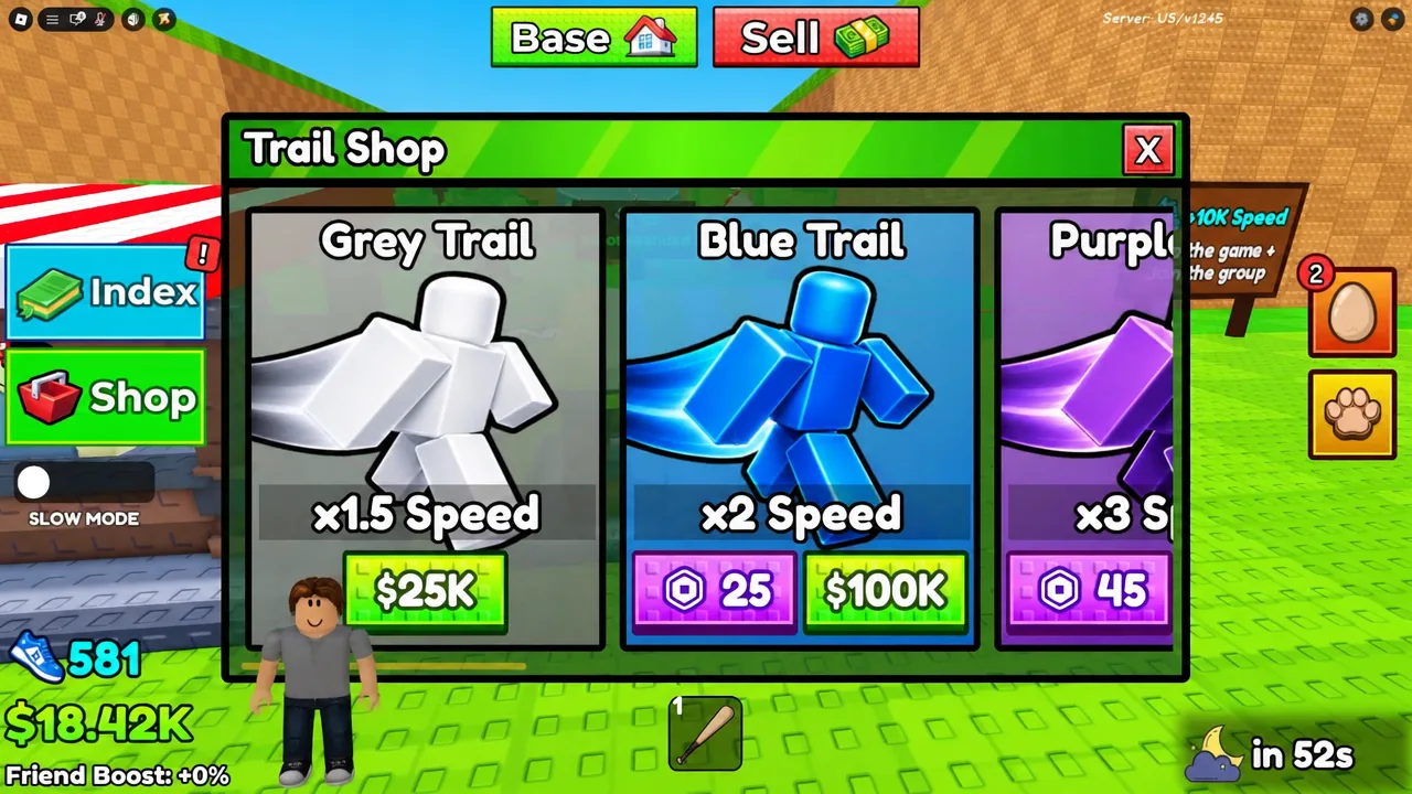 Trail Shop menu open on the Blue Trail card showing its x2 Speed multiplier