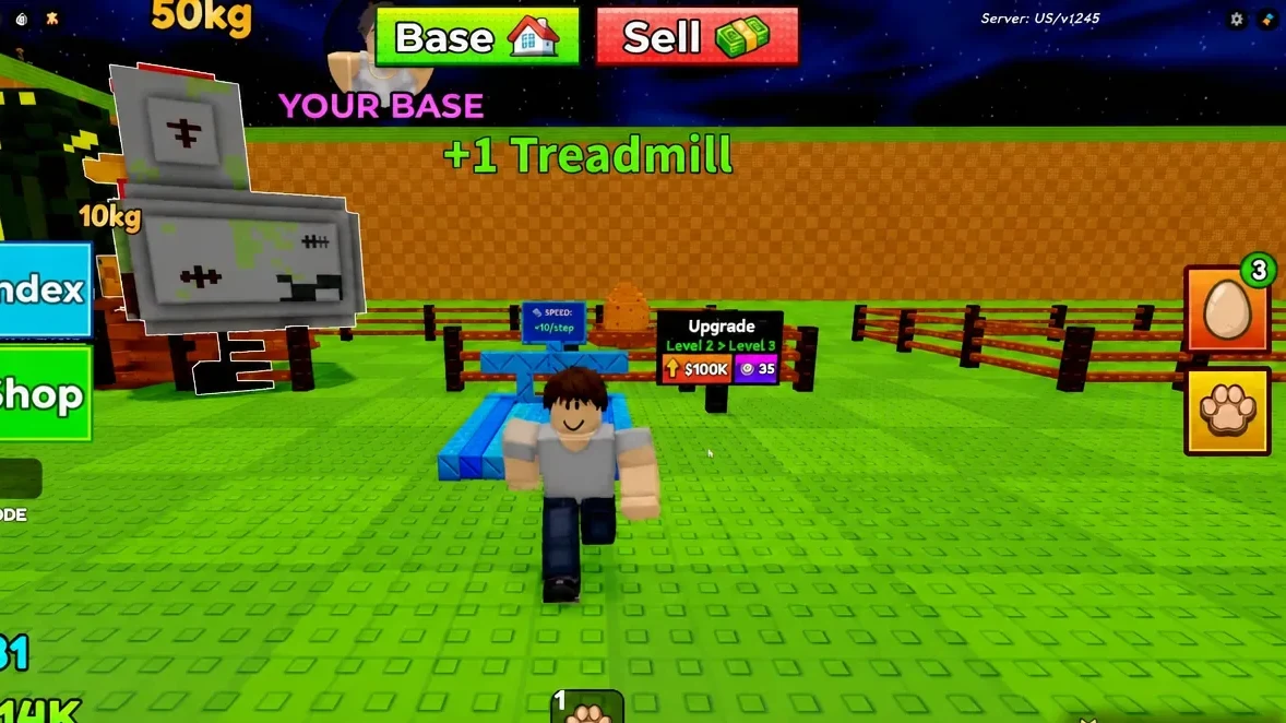 Base upgrade panel showing the treadmill Level 2 to Level 3 upgrade for $100K