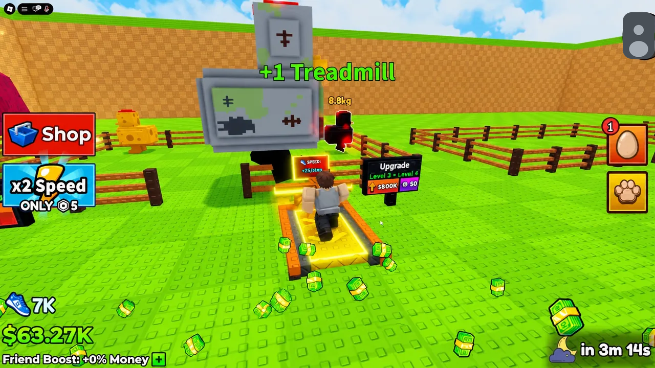 Player running on the treadmill with the +1 Treadmill counter and a Level 3 to Level 4 upgrade sign
