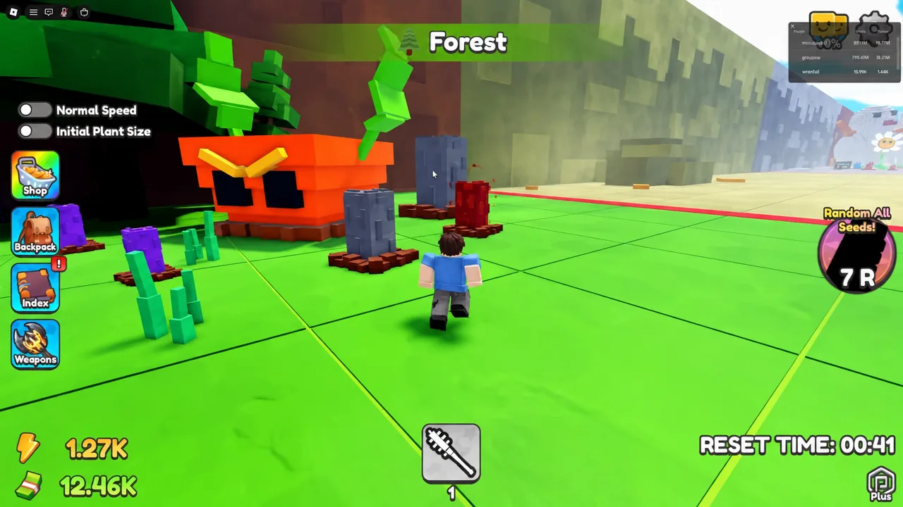 Player approaching planted plots in the Forest area with a tool equipped in the action bar