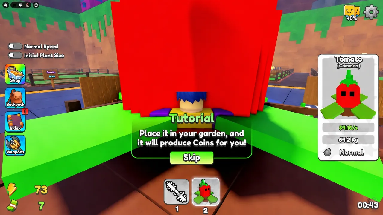 Tutorial prompt telling the player to place the grown Tomato into a garden slot so it produces coins