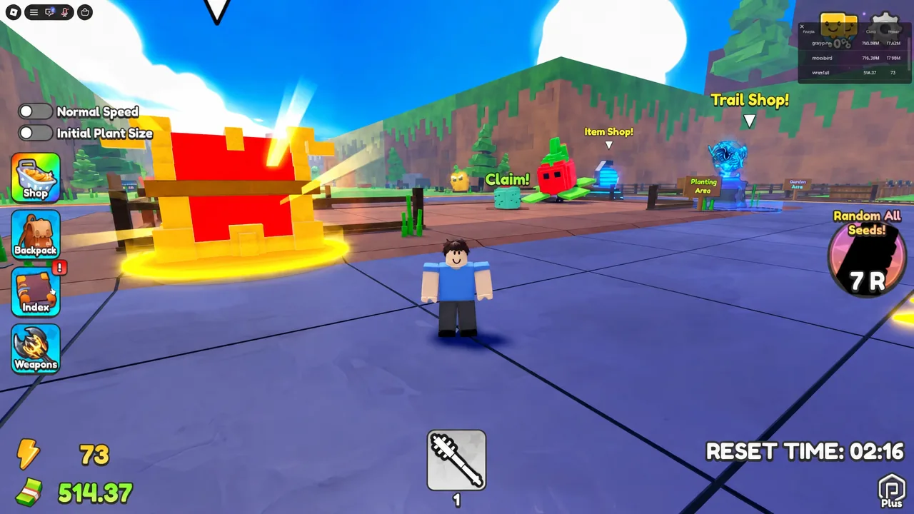 Gameplay hub showing the Shop, Backpack, Index and Weapons buttons near the Item Shop