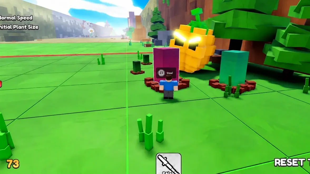 The E Steal prompt appears as the player moves up to a purple plant in the starter garden