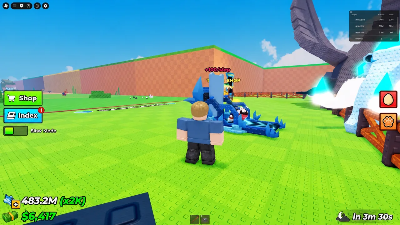 Player walking toward the blue training machine showing plus 100 speed per step