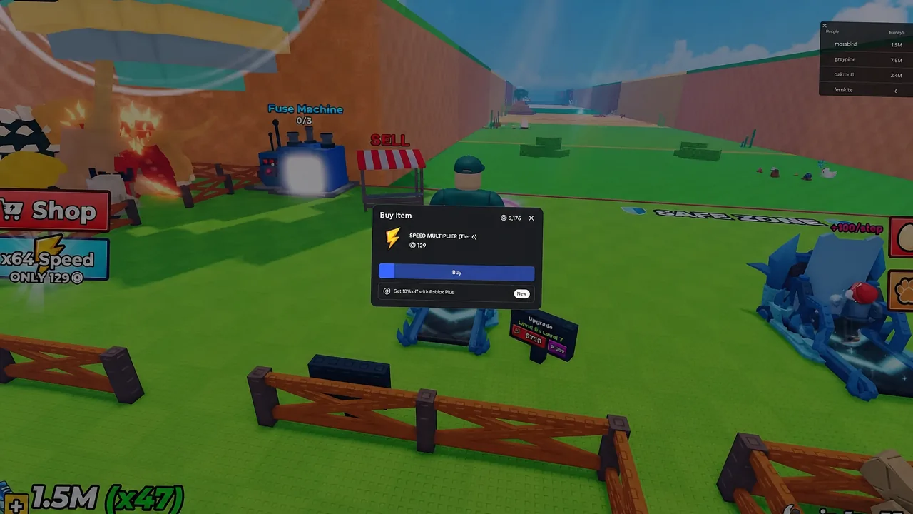 Buy item dialog for Speed Multiplier Tier 6 priced at 129
