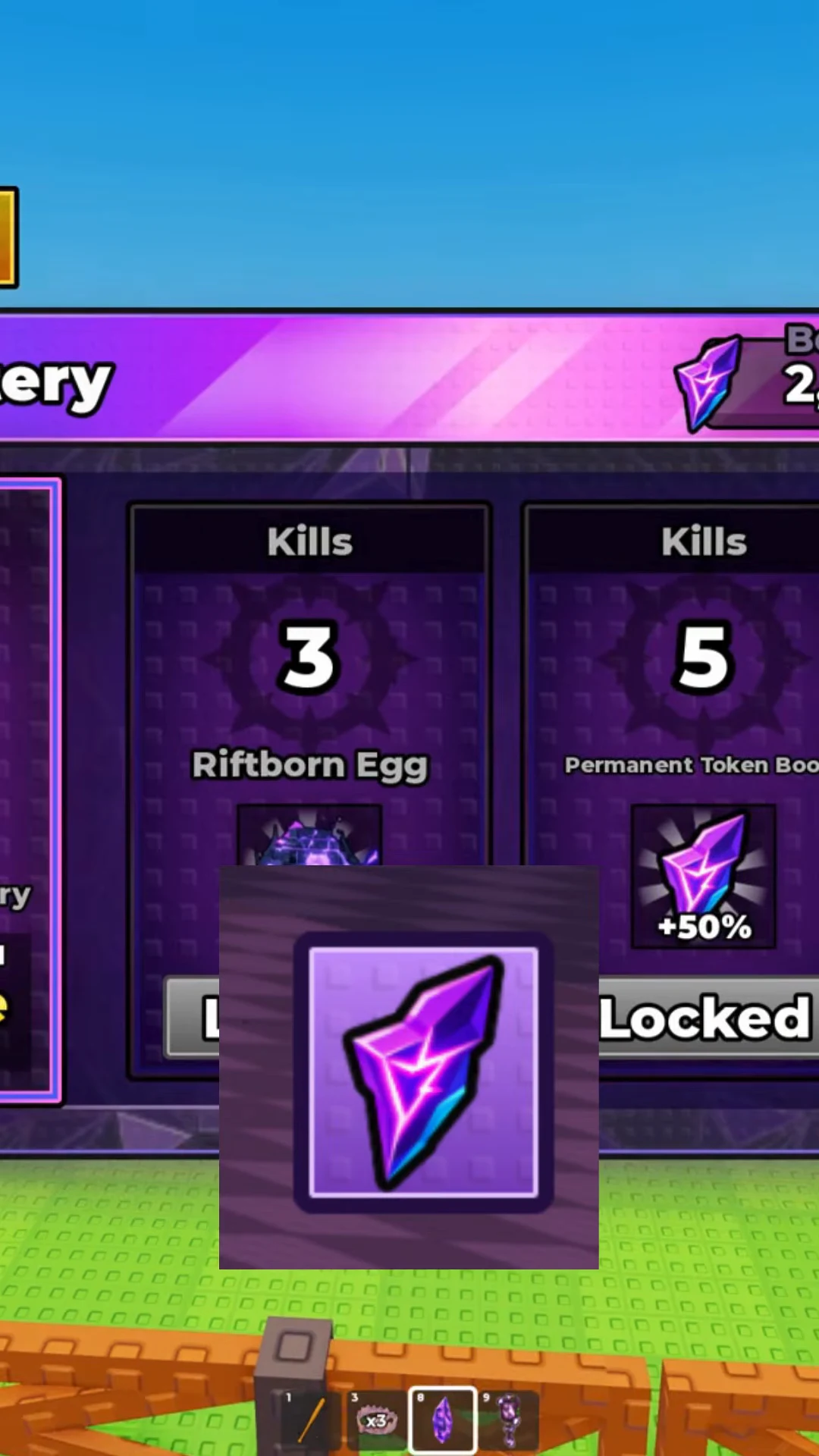 A purple token shard is selected in the hotbar beneath reward milestones for Kills 3 and the locked Kills 5 Permanent Token Boost