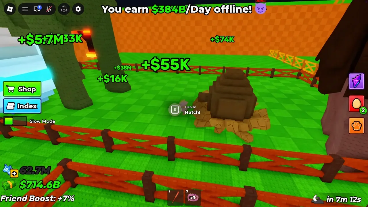 Gameplay screen shows the “Hatch!” prompt over the egg, indicating the player should press E to hatch it