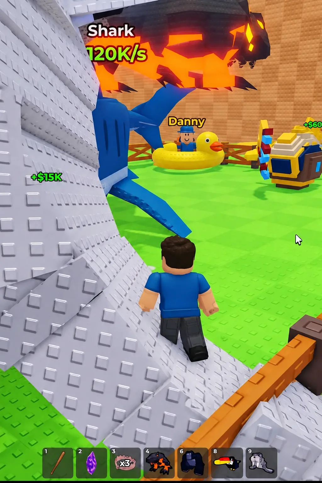Gameplay screen shows a Shark generating 120K/s near Danny while the player character approaches