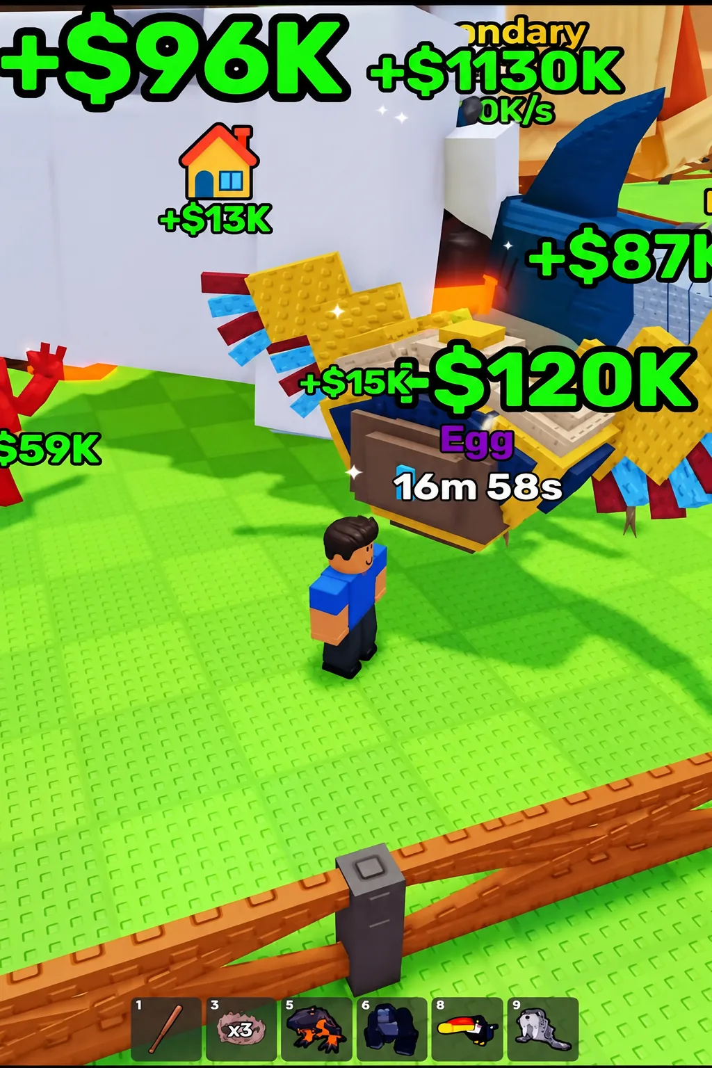 Gameplay screen shows the Egg generating cash with a 16m 58s timer while the avatar stands beside it