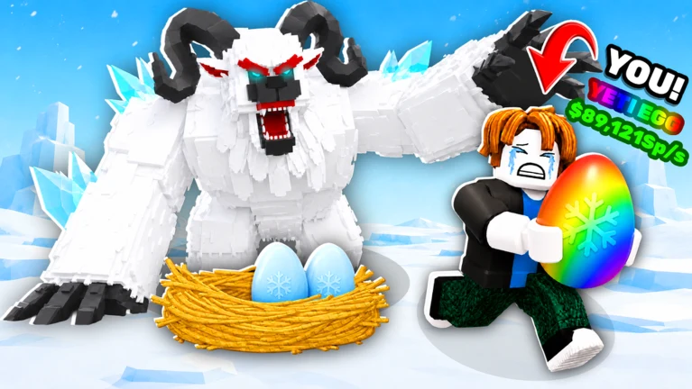 A Roblox-style character carries a glowing egg beside a horned white yeti guarding blue eggs in a snowy icy landscape.