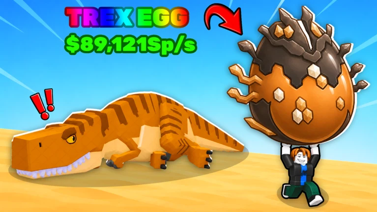 A Roblox-style character carries a spiked orange egg beside a roaring tyrannosaurus on a sunny sandy beach.