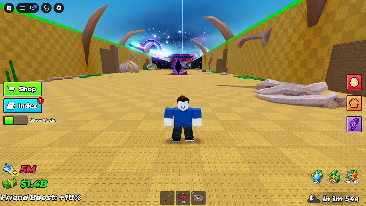 Player standing in the arena with the Shop button and Index tab still on screen
