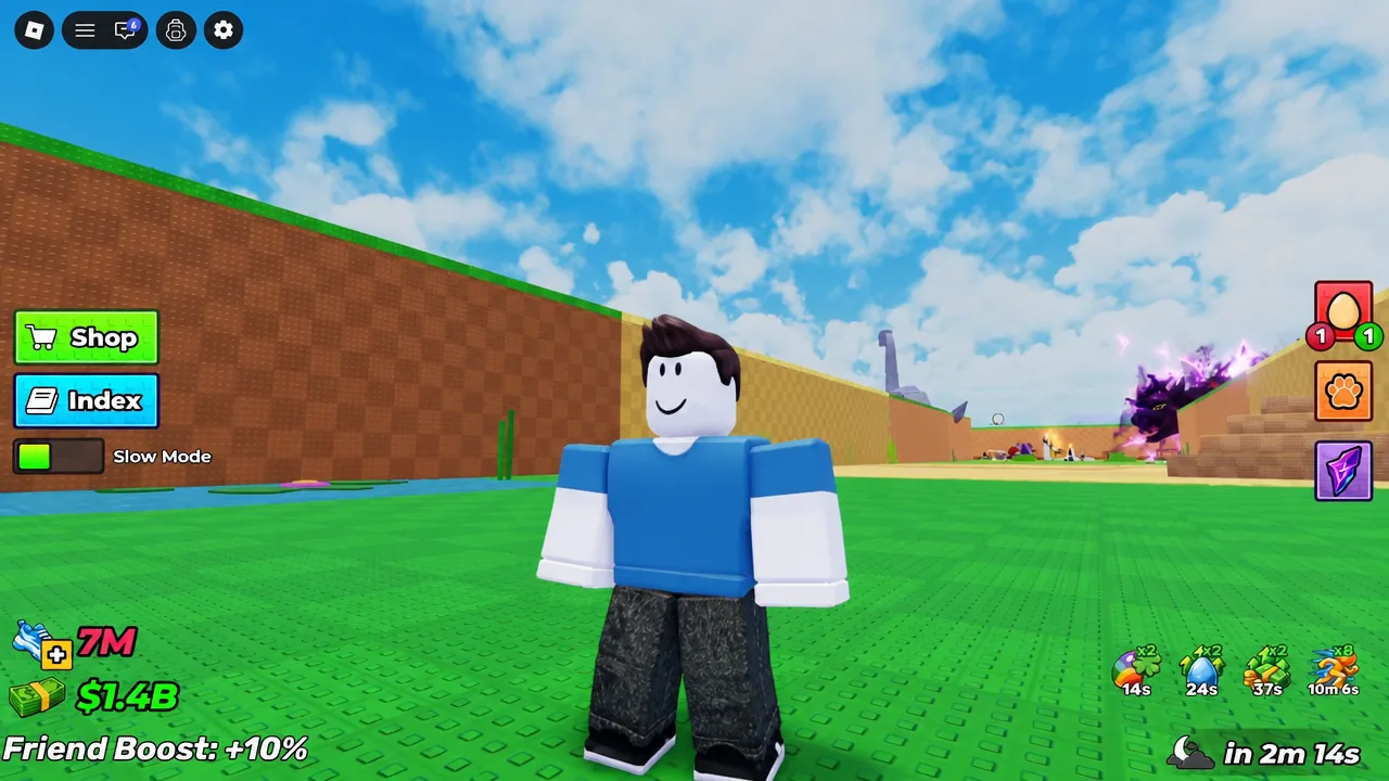 Main gameplay view with the Shop button on the left and the avatar standing in the arena