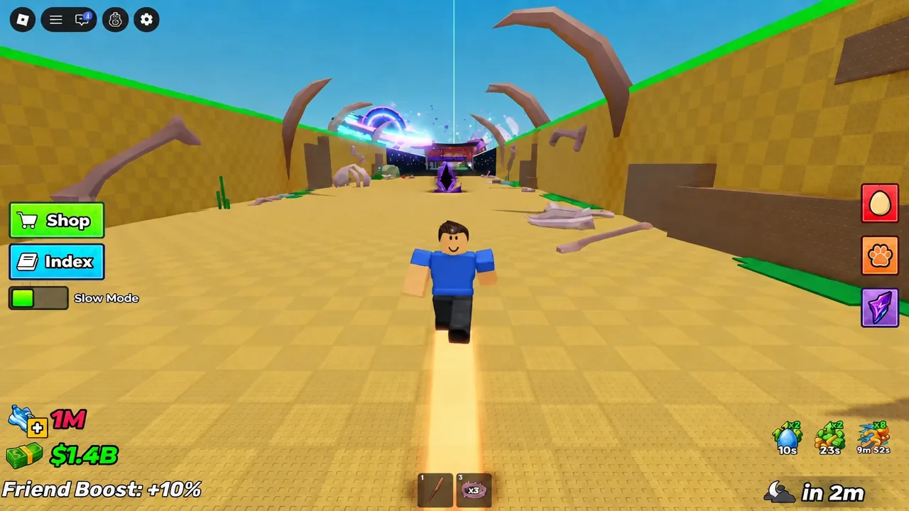 Running forward on the track with the Shop and Index buttons visible on the left side of the screen