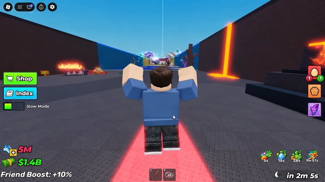 Avatar sprinting through the late-game obstacle stretch with Slow Mode enabled