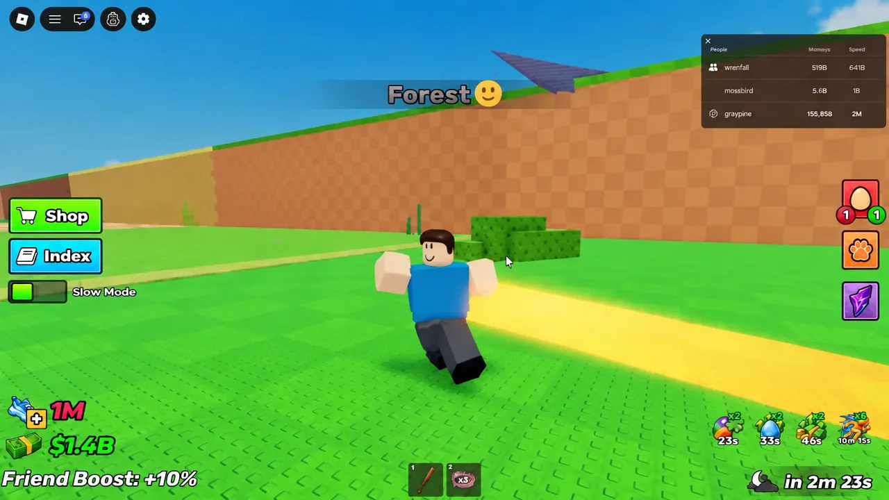 Player running through the Forest zone with the green Slow Mode control switched on