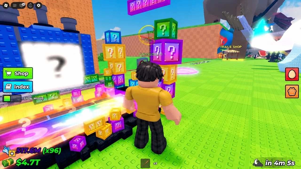 Steal An Egg gameplay with the Shop button visible near colorful question-mark blocks