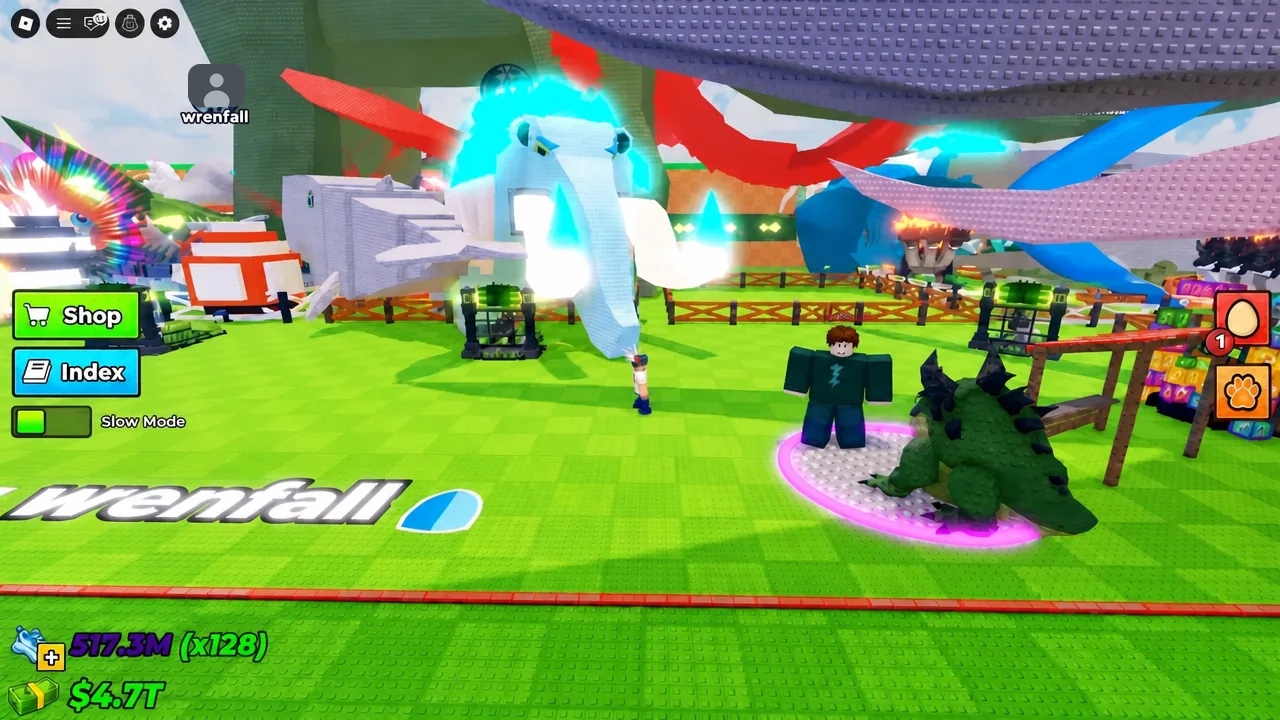 Avatar standing beside a crocodile-like pet with Shop and Index buttons visible