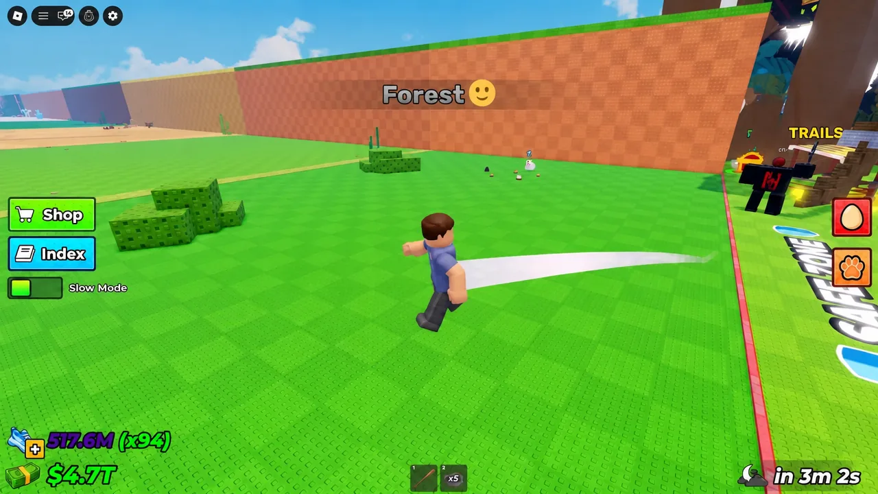 Forest area with the avatar crossing the arena and Shop, Index, and Slow Mode controls on screen