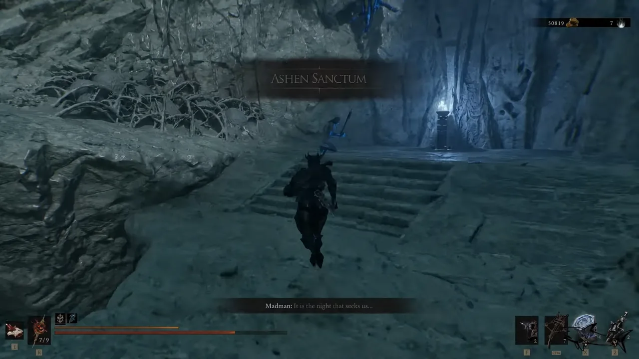 The Harbinger climbing a stone staircase into a cavern in the Ashen Sanctum