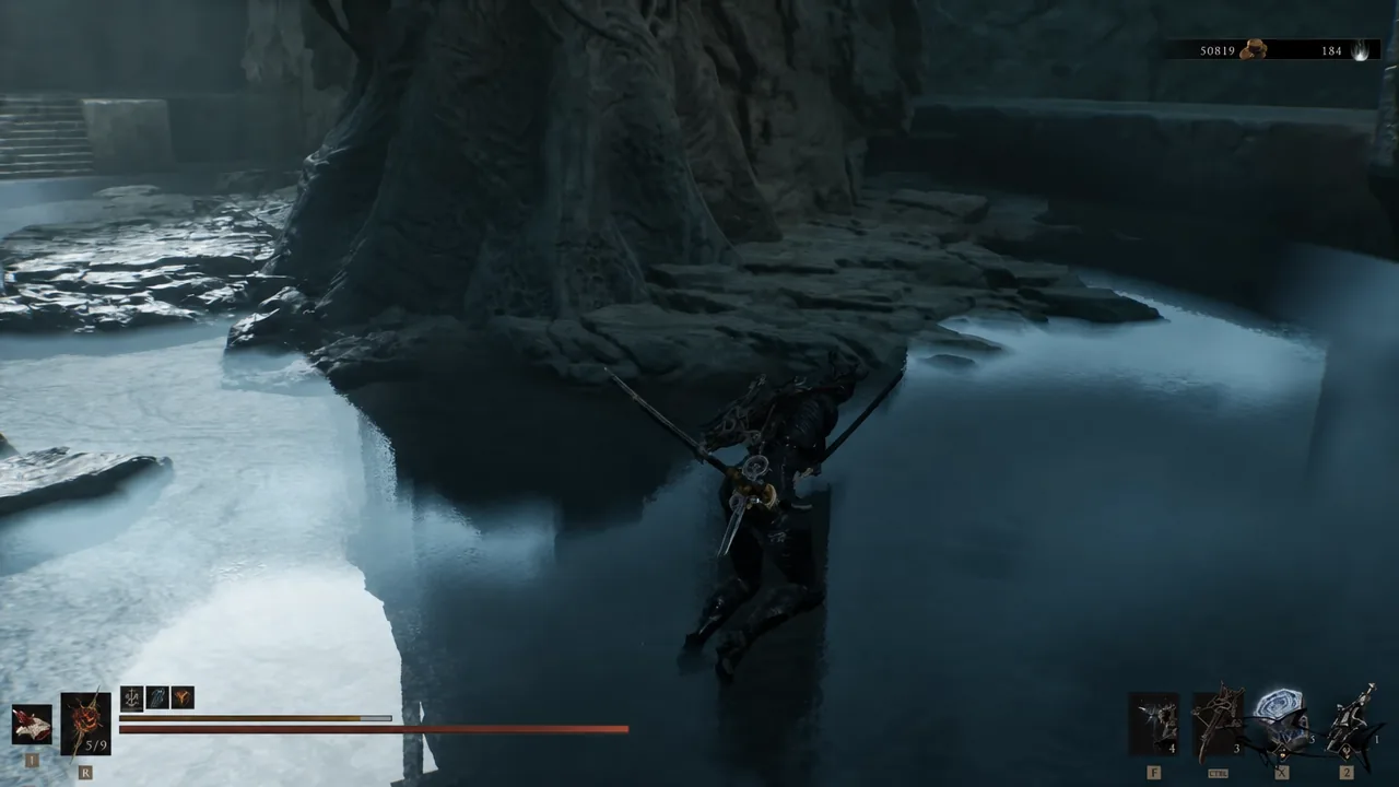 Player wading through shallow water toward the glowing Citadel Annex beacon