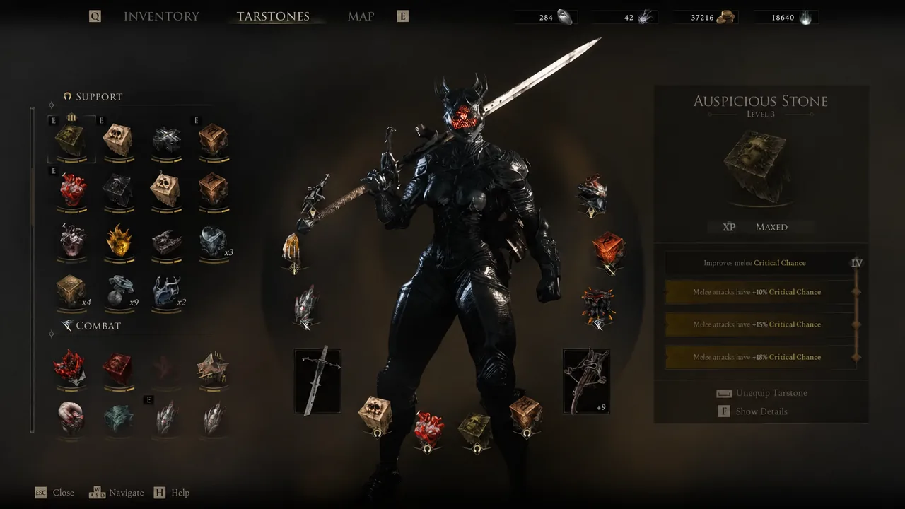 Tarstones menu showing a stone's level and detailed effect breakdown