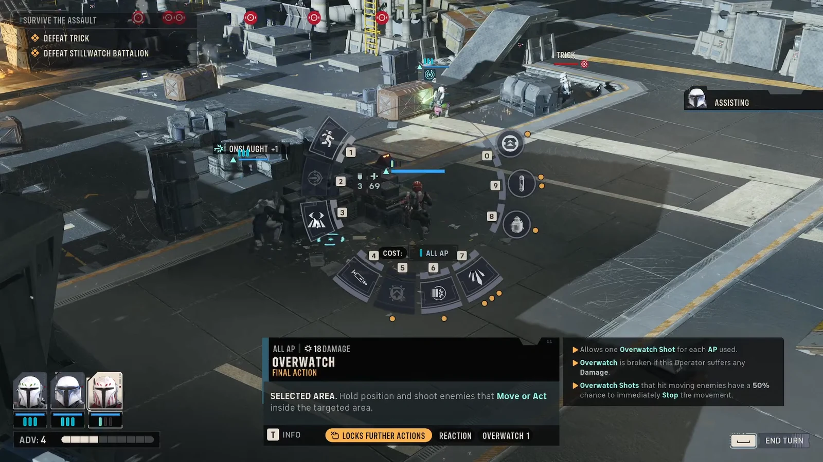 Radial menu highlighting Overwatch as a final action with a target area selected