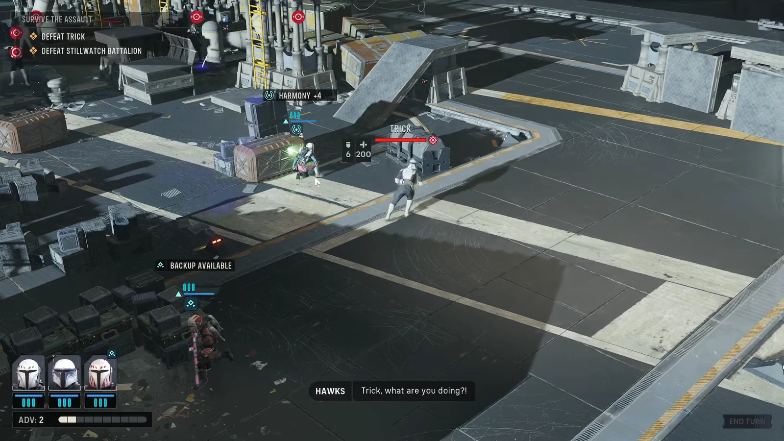 Combat view with the objectives Defeat Trick and Defeat Stillwatch Battalion active while targeting Trick