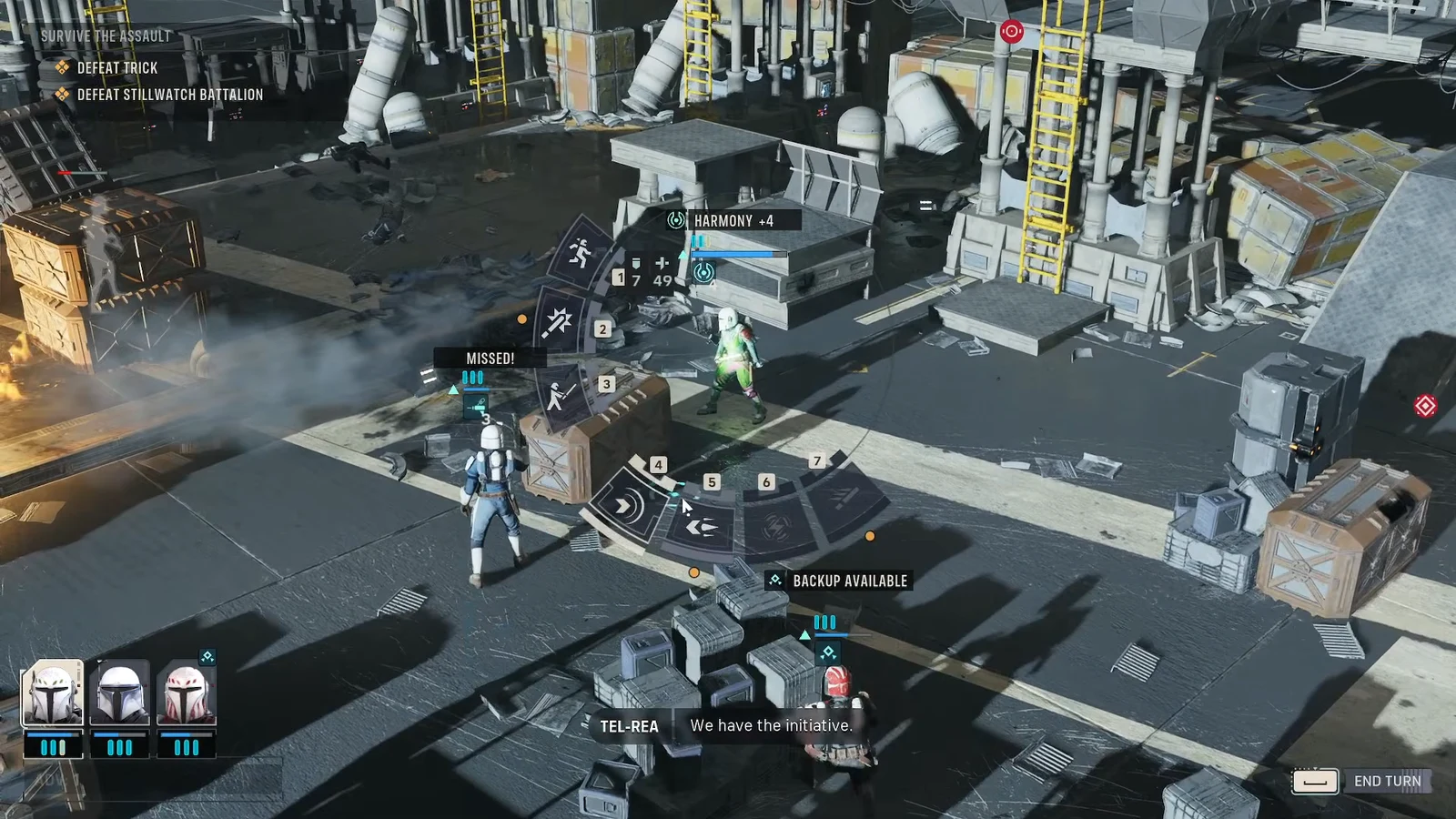 Radial ability wheel open with the cursor over an action during the Survive the Assault phase