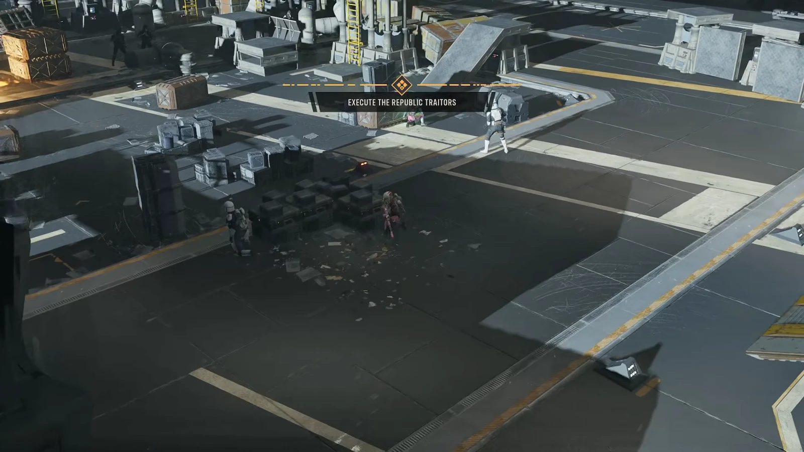 Objective banner reading EXECUTE THE REPUBLIC TRAITORS during the Stillwatch mission opening