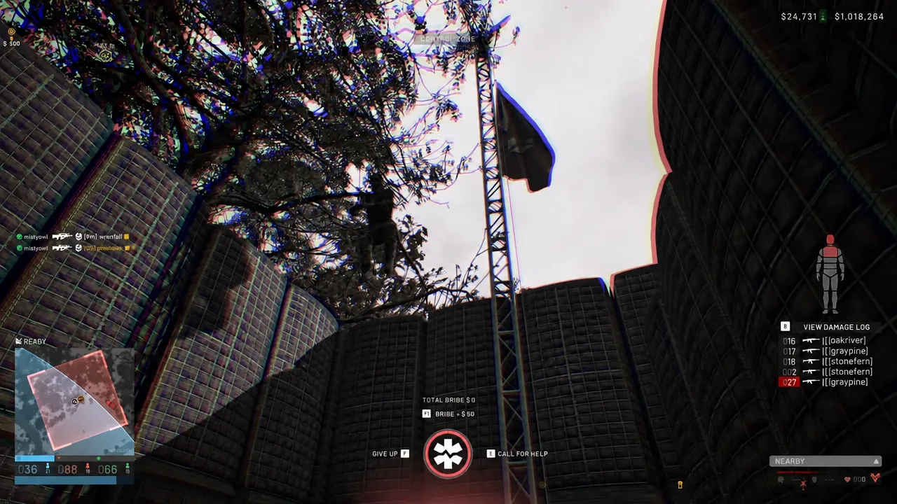 Downed player screen with revive status and options to bribe, call for help, or give up