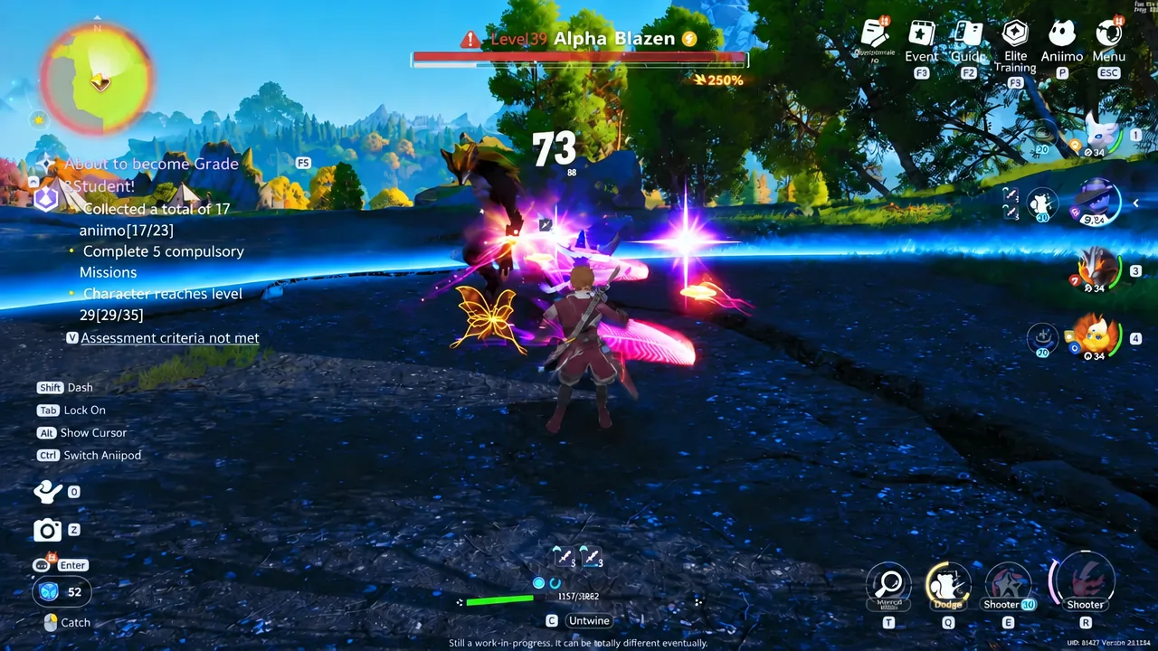 Alpha Blazen boss health bar across the top of the screen with a damage number popping
