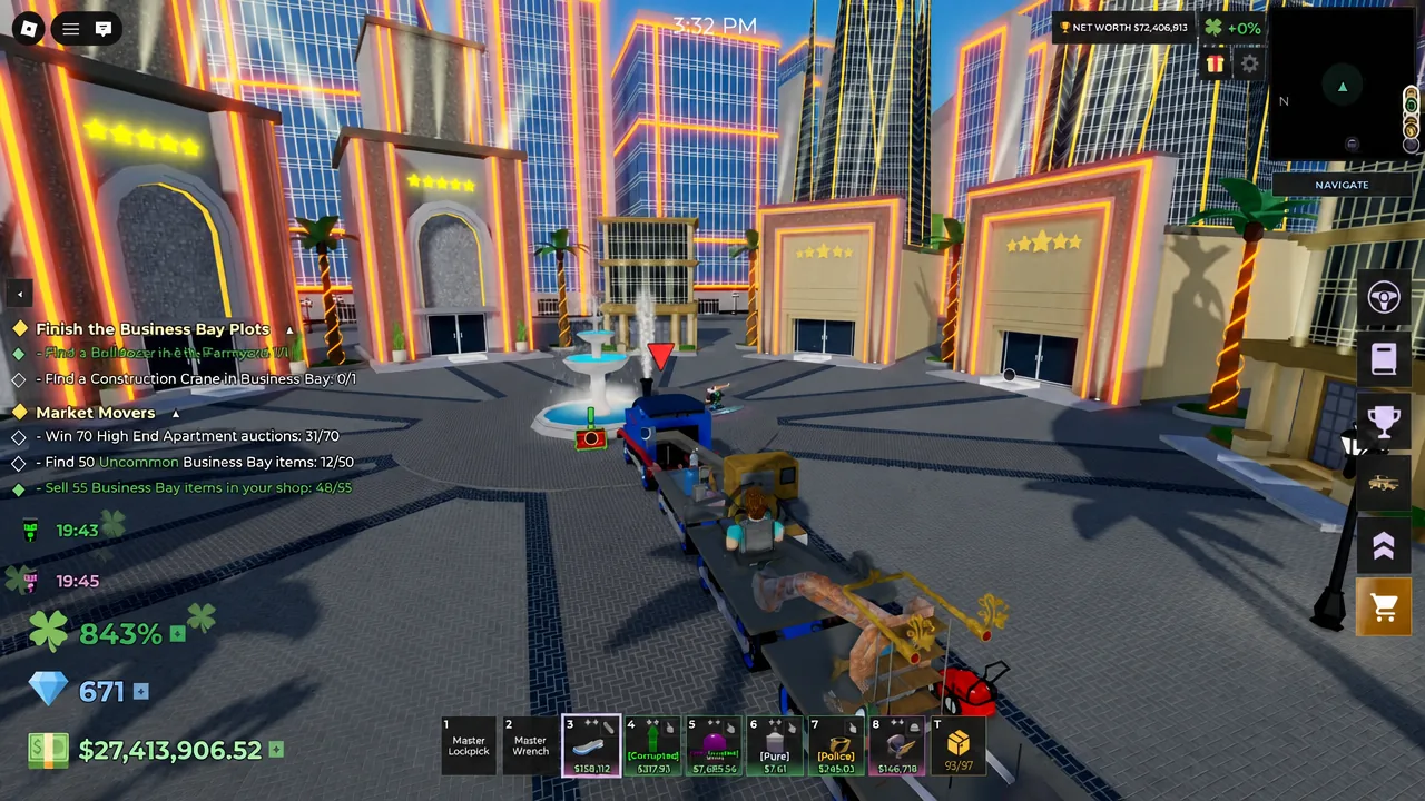 Driving through Business Bay with the shop cart button highlighted on the HUD