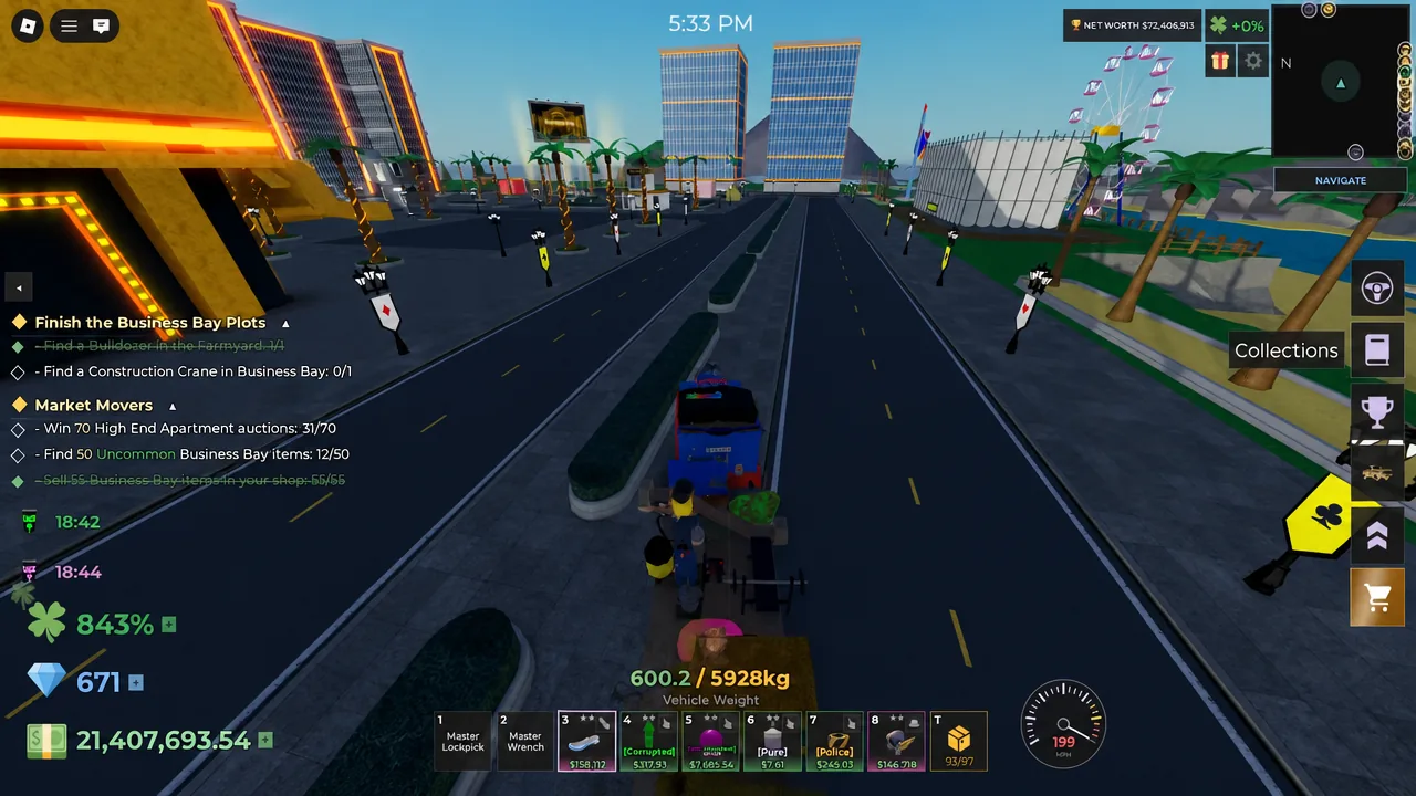 Business Bay Plots quest panel visible while driving a loaded vehicle toward the crane objective
