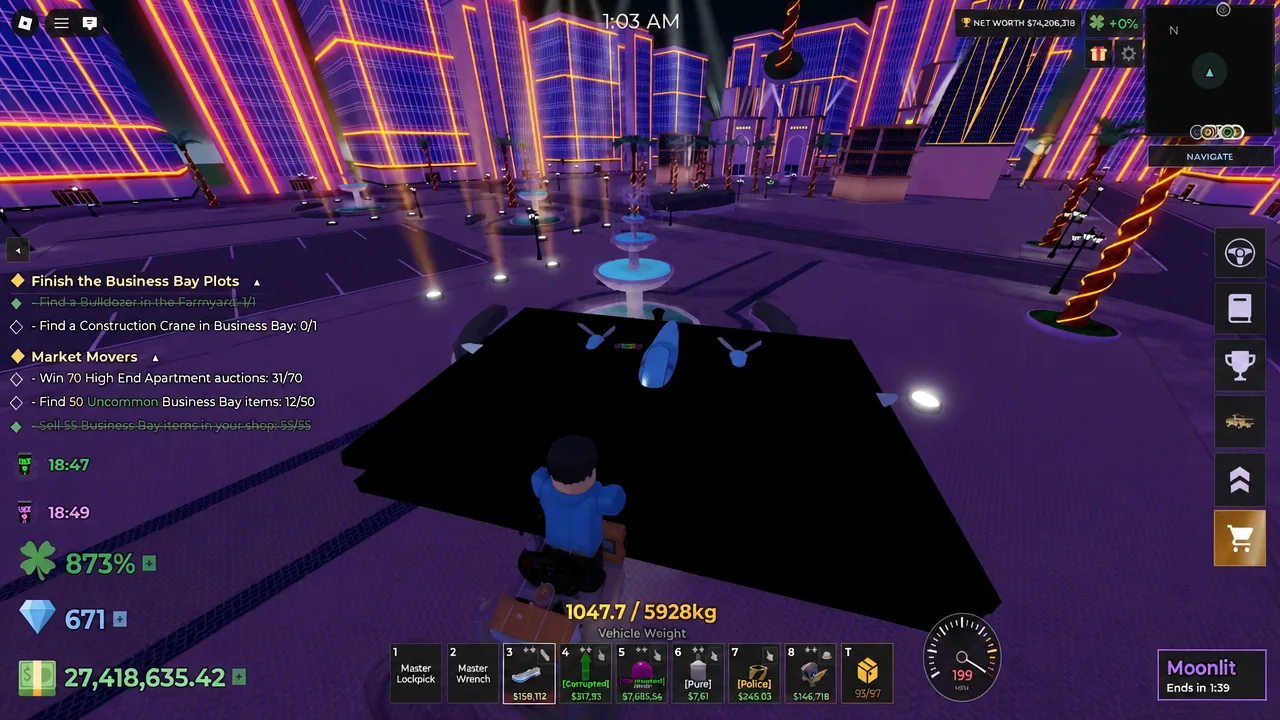 Business Bay plaza with the shop button highlighted on the gameplay HUD
