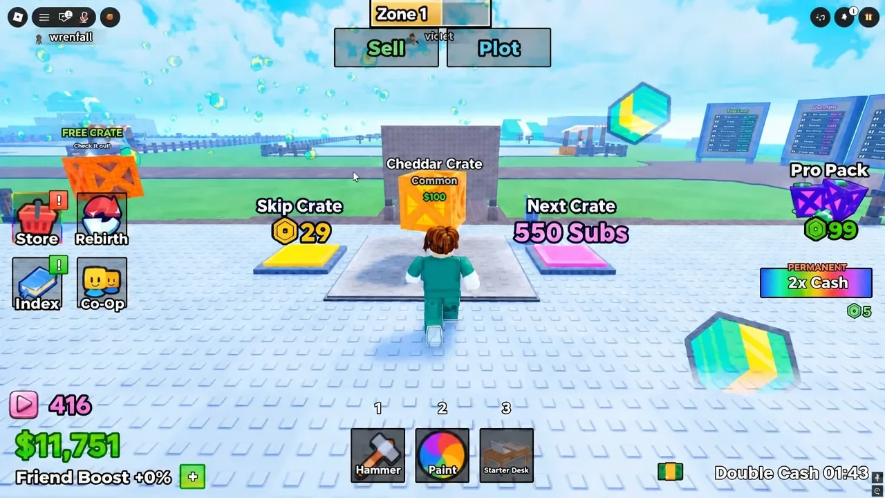 Player standing next to the Cheddar Crate marked Common at 100 dollars on the plot